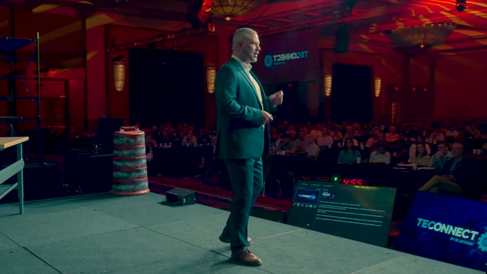 James Korte executive montage featuring desk work, stage speaking, and podcasting